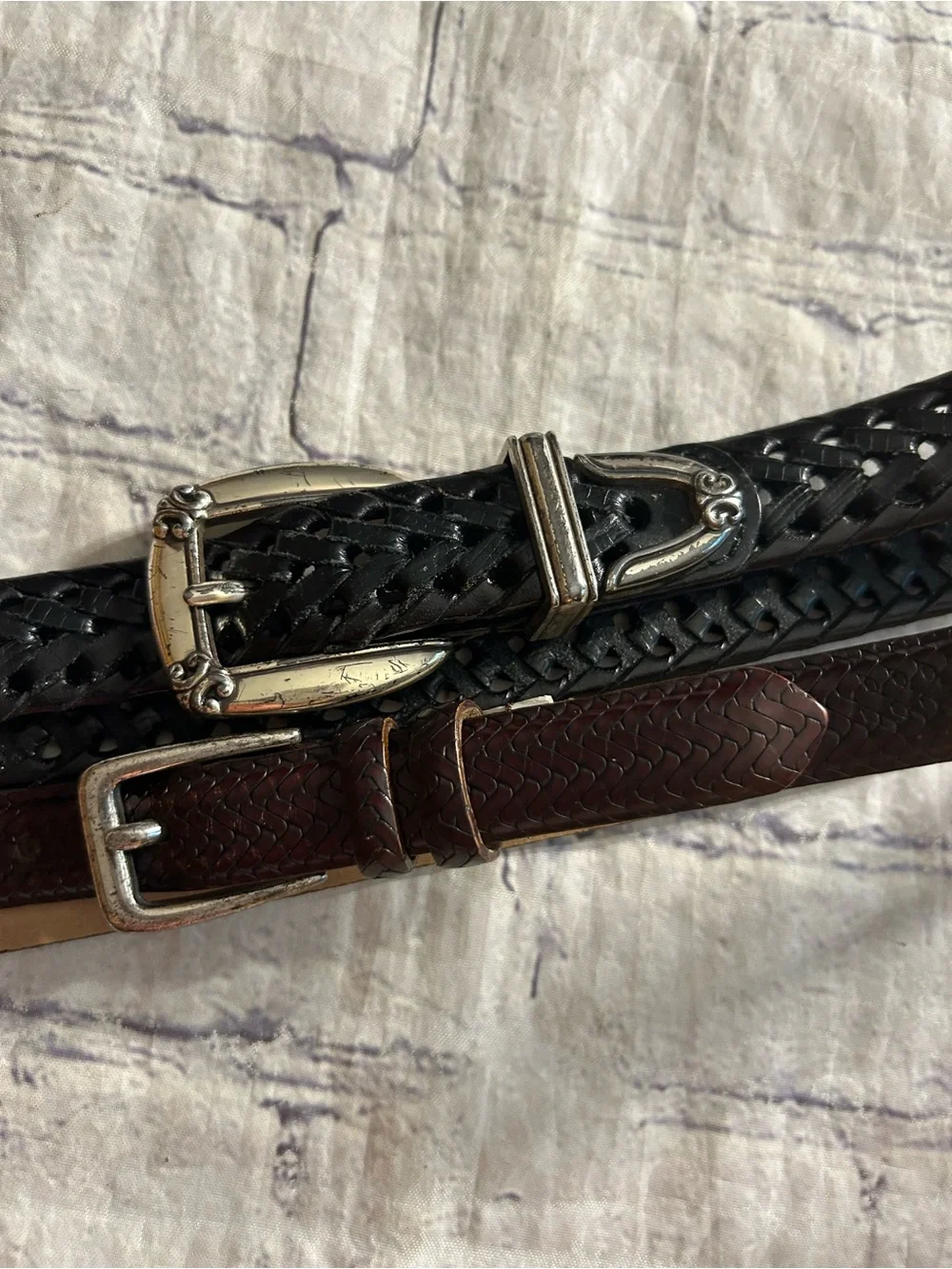 FOSSIL VTG BLACK LEATHER BRAIDED EMBELLISHED BUCKLE & TALBOTS ITALY MADE BELTS L